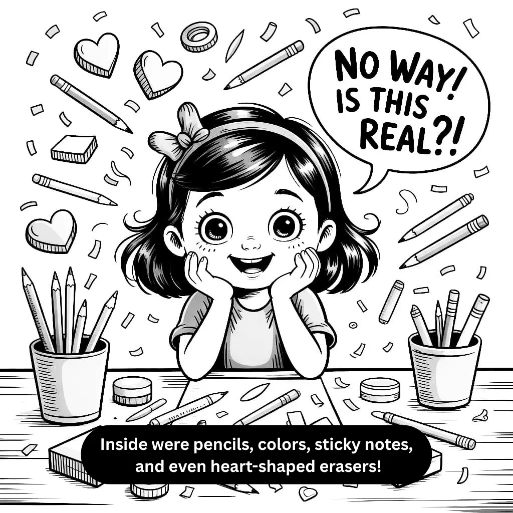 Stationery items like heart-shaped erasers, pastel pens, sticky notes, and washi tapes float around the smiling girl’s head. She’s super excited, both hands on the table.