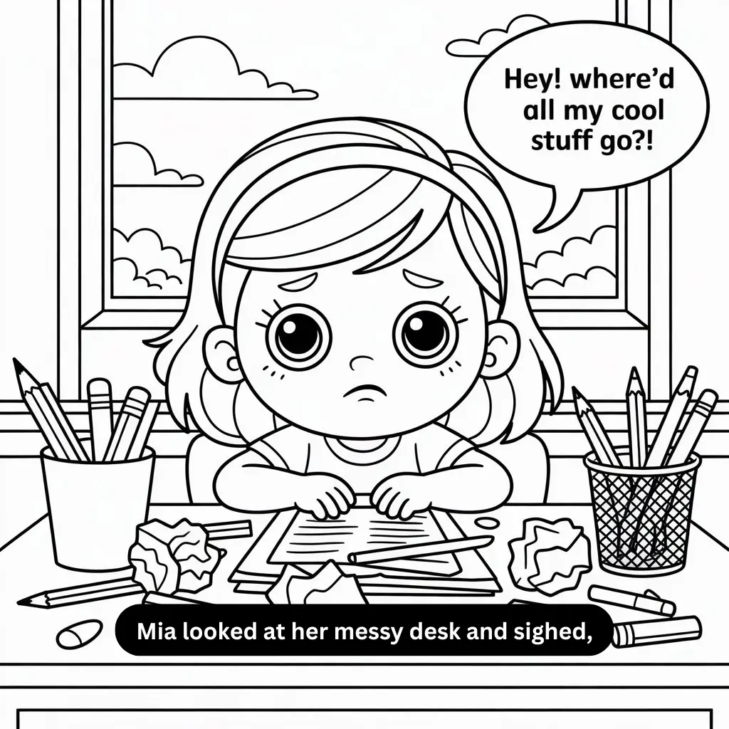 Girl sitting at her messy desk, nothing exciting, looking bored.