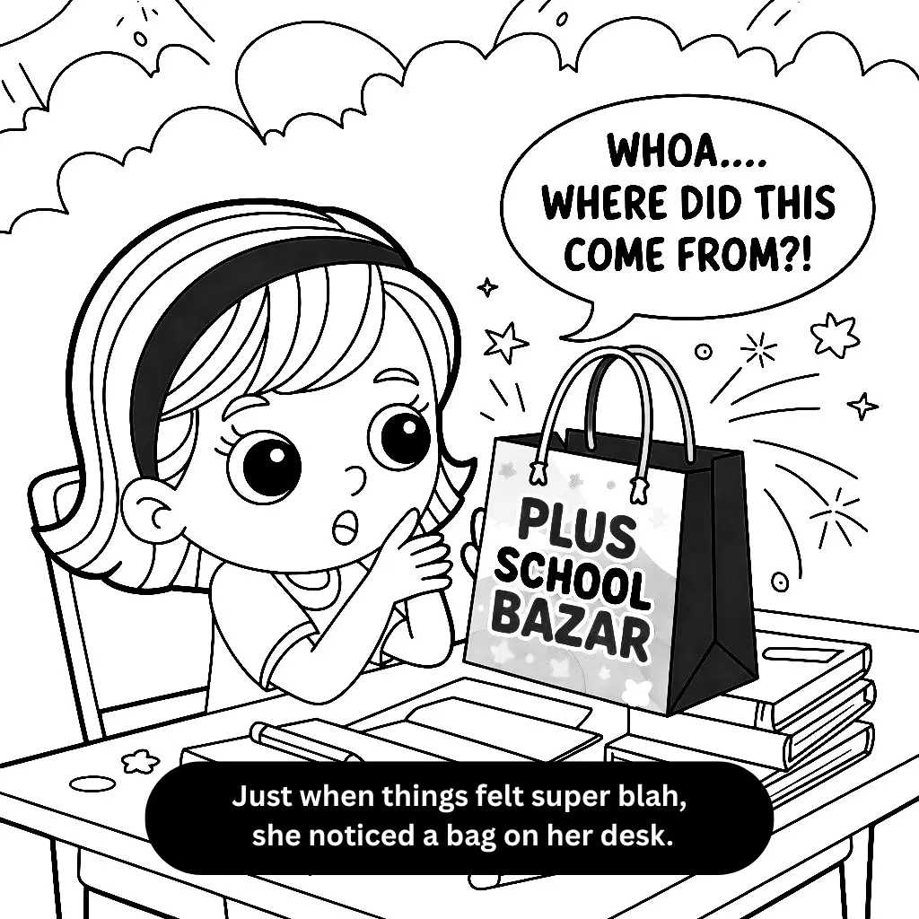 The girl looks surprised and curious as a colorful shopping bag appears on her desk labeled “Plus School Bazar.”