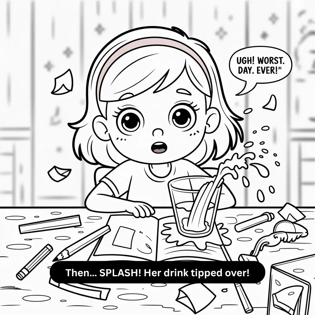 Girl spills her water on a notebook, knocks over more stuff, and her pen breaks. Her eyes are wide in disbelief.